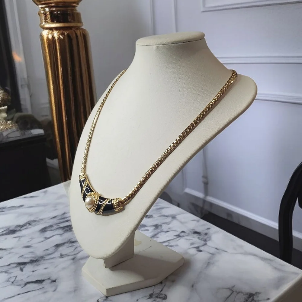 DIOR Vintage 1980's 18k Gold Plated Enamel Crystal Pearl Necklace